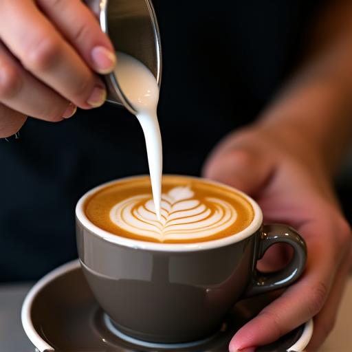 A skilled barista creating intricate latte art in a cup.