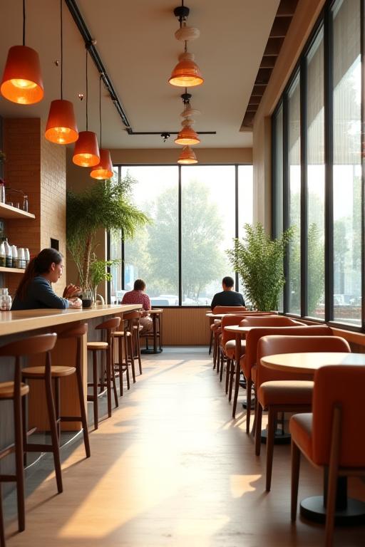 A wide view of the modern, well-lit interior of The Daily Grind cafe.