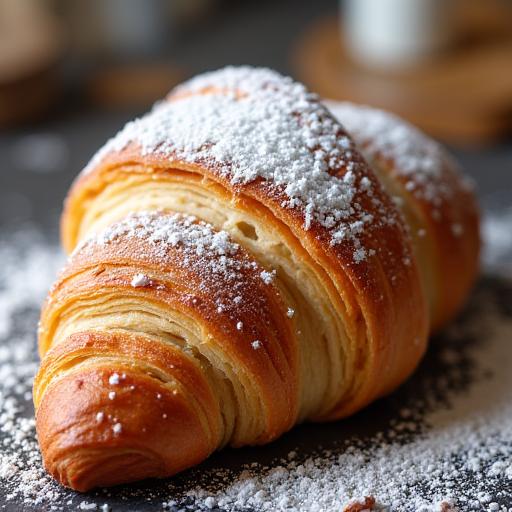 Golden brown almond croissant with powdered sugar.