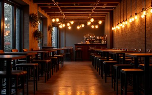 The cafe space set up for a private evening event with dimmed lights.